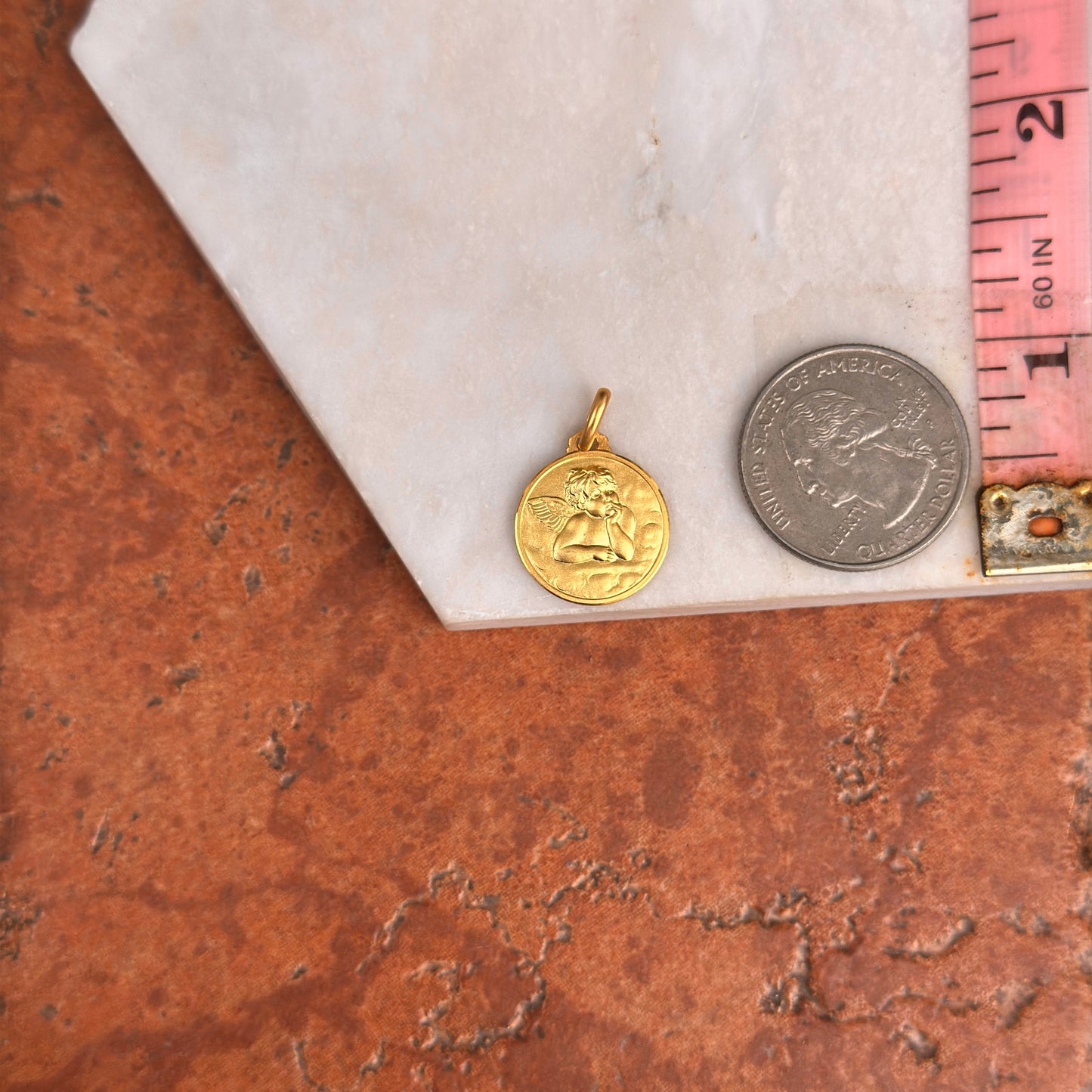 14KT Yellow Gold Solid Angel Baby Raphael Round Medal Pendant 16mm