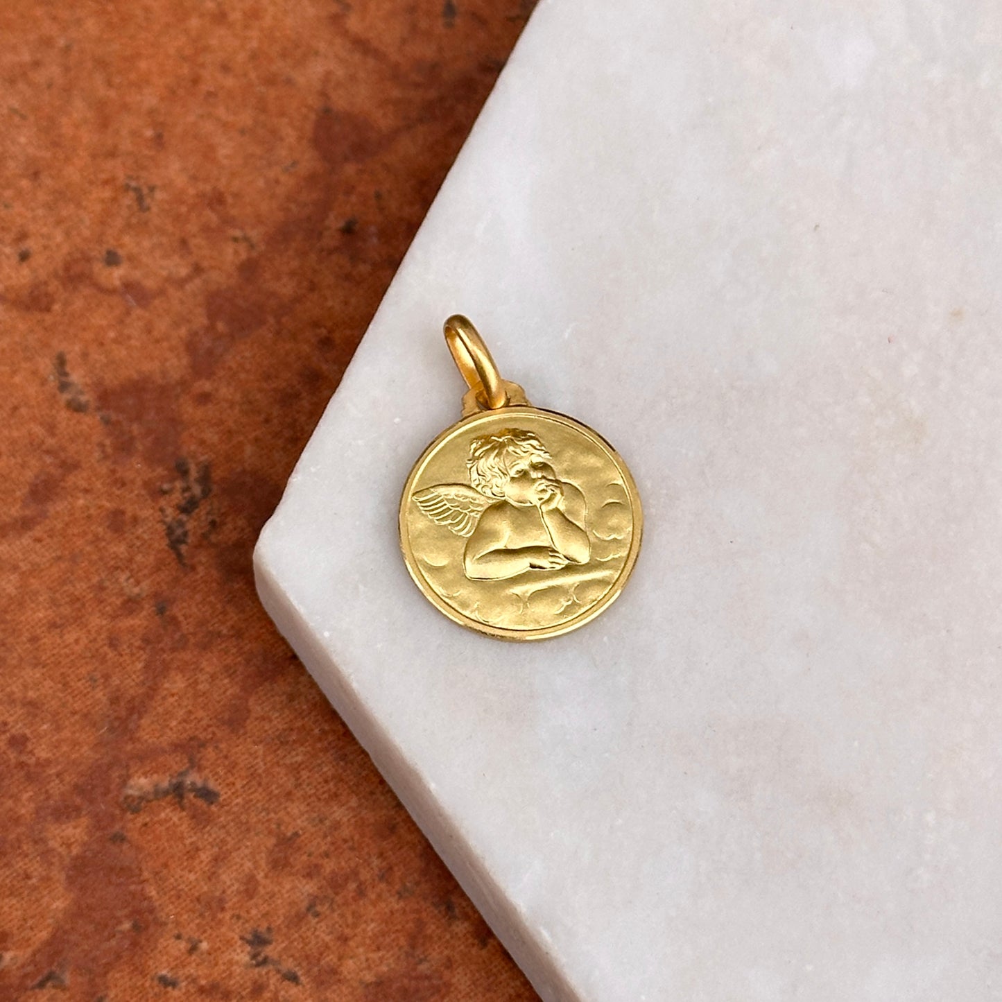 14KT Yellow Gold Solid Angel Baby Raphael Round Medal Pendant 16mm