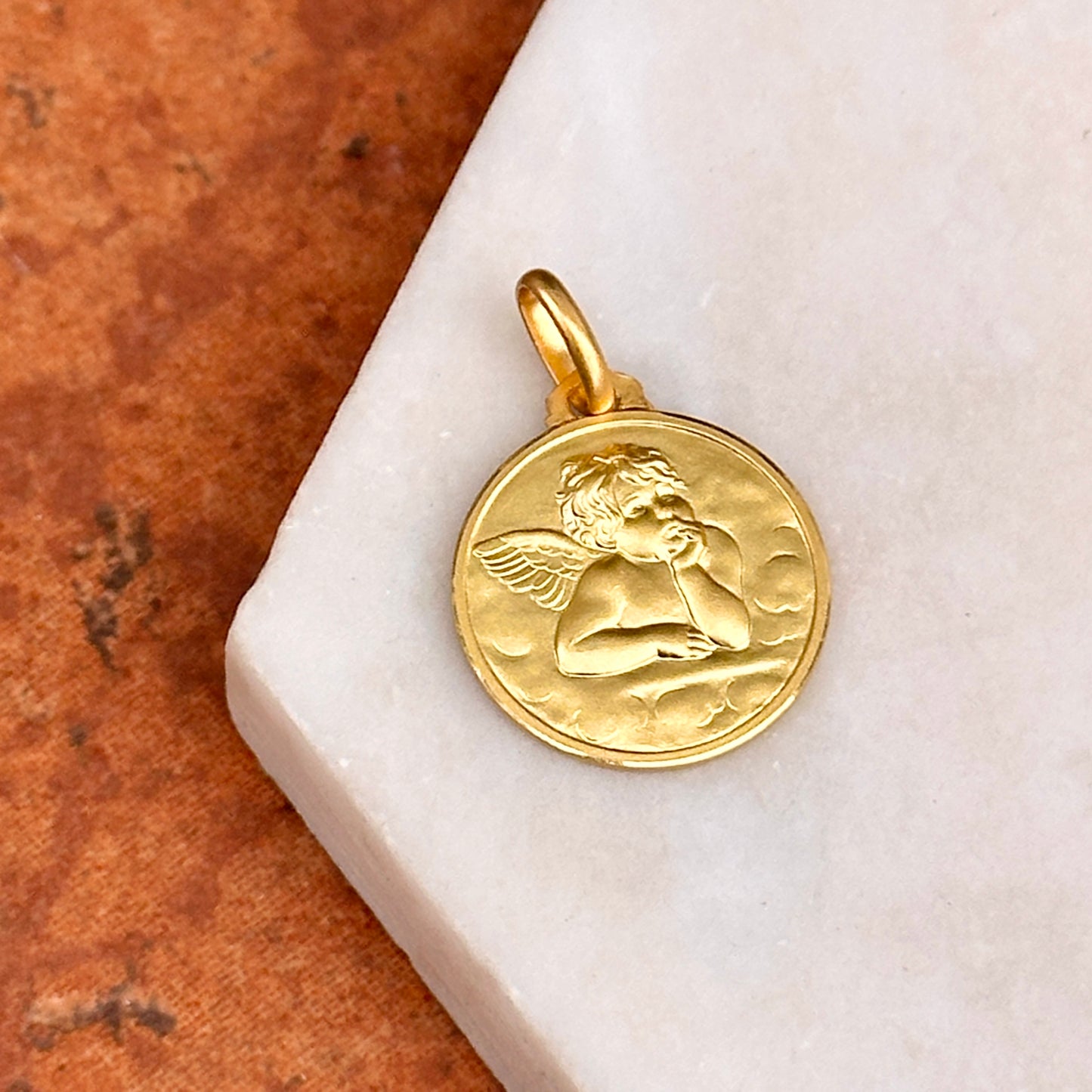 14KT Yellow Gold Solid Angel Baby Raphael Round Medal Pendant 16mm