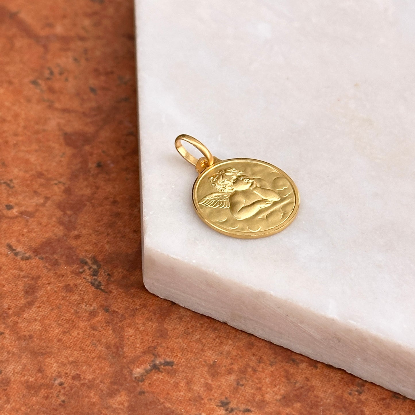 14KT Yellow Gold Solid Angel Baby Raphael Round Medal Pendant 16mm