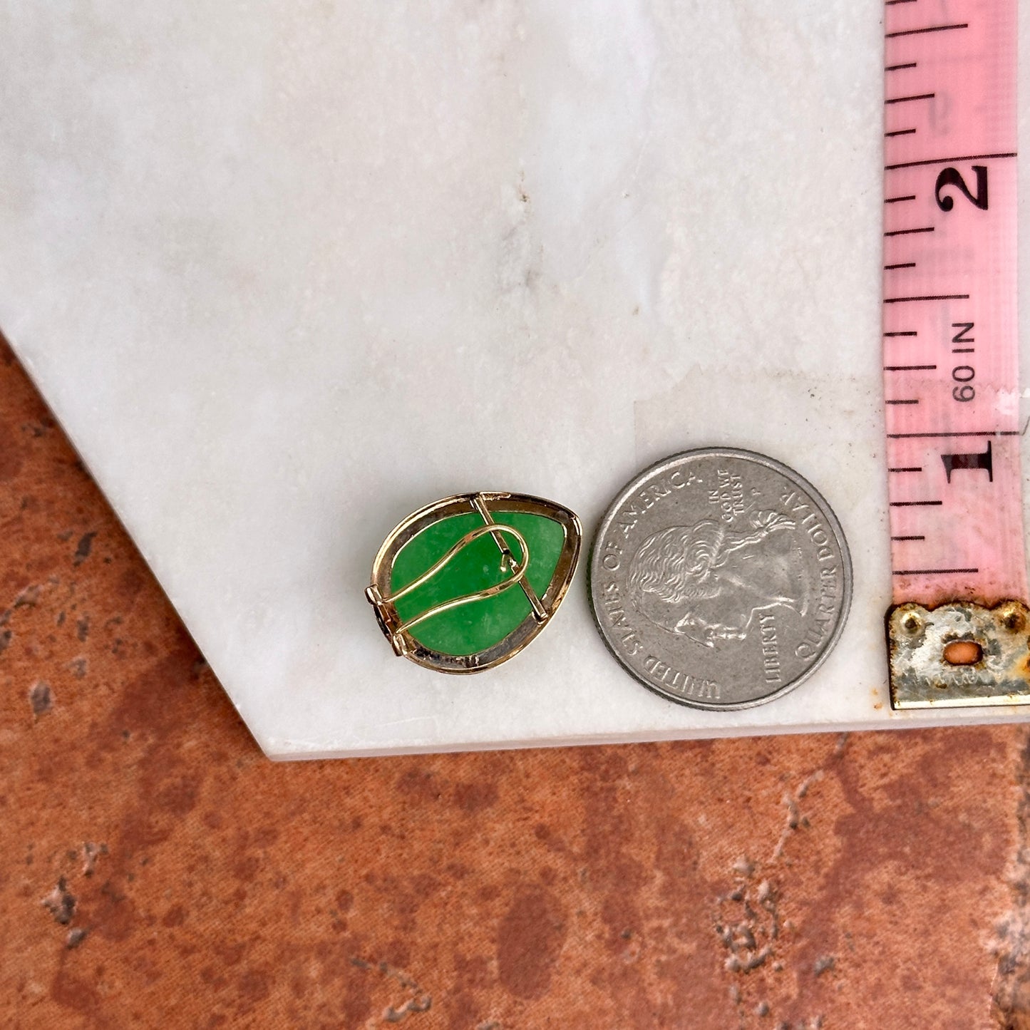 Estate 14KT Yellow Gold Teardrop Dyed Green Jade Omega Earrings