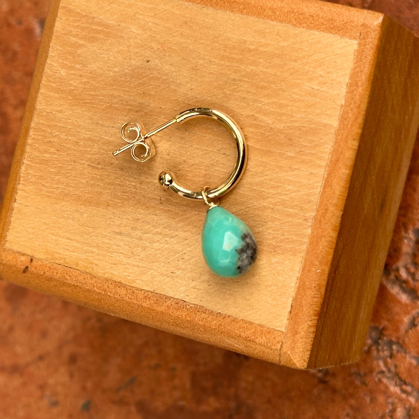 Single (1) 14K Yellow Gold Removable Teardrop Briolette Turquoise C-Hoop Earring