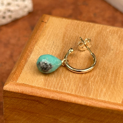 Single (1) 14K Yellow Gold Removable Teardrop Briolette Turquoise C-Hoop Earring