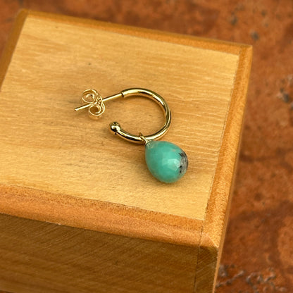 Single (1) 14K Yellow Gold Removable Teardrop Briolette Turquoise C-Hoop Earring