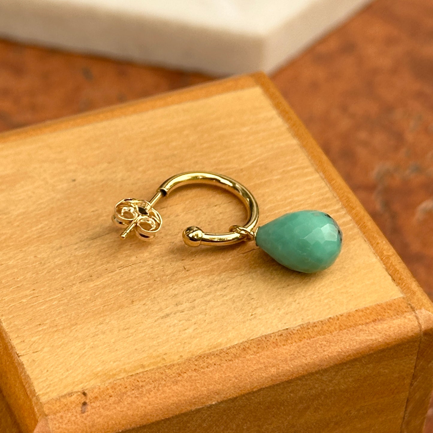Single (1) 14K Yellow Gold Removable Teardrop Briolette Turquoise C-Hoop Earring