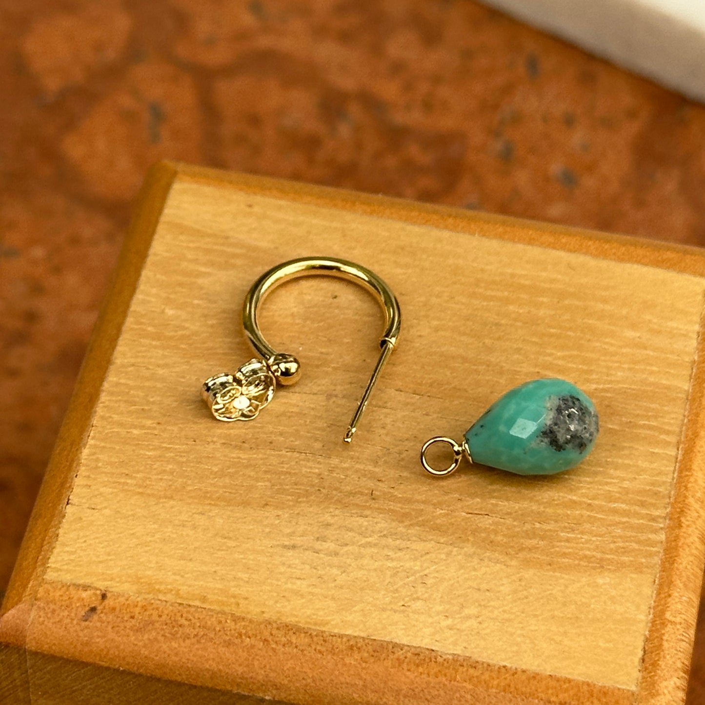 Single (1) 14K Yellow Gold Removable Teardrop Briolette Turquoise C-Hoop Earring