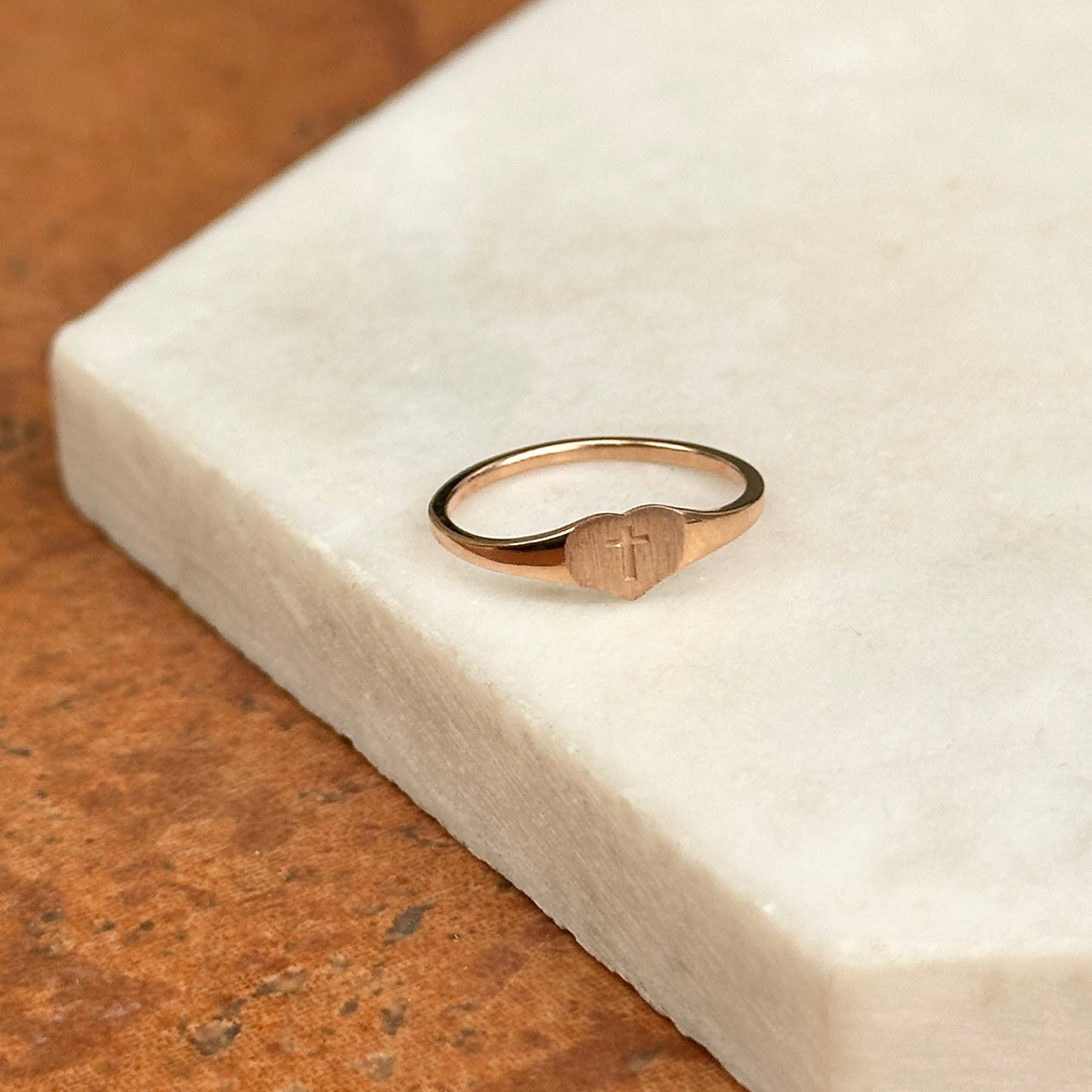 14KT Rose Gold Heart + Cross Signet Youth or Pinky Ring