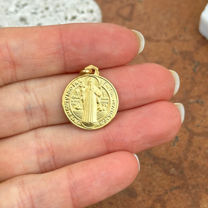 14KT Yellow Gold Solid St Benedict Round Medal Pendant Charm Reversible 18mm