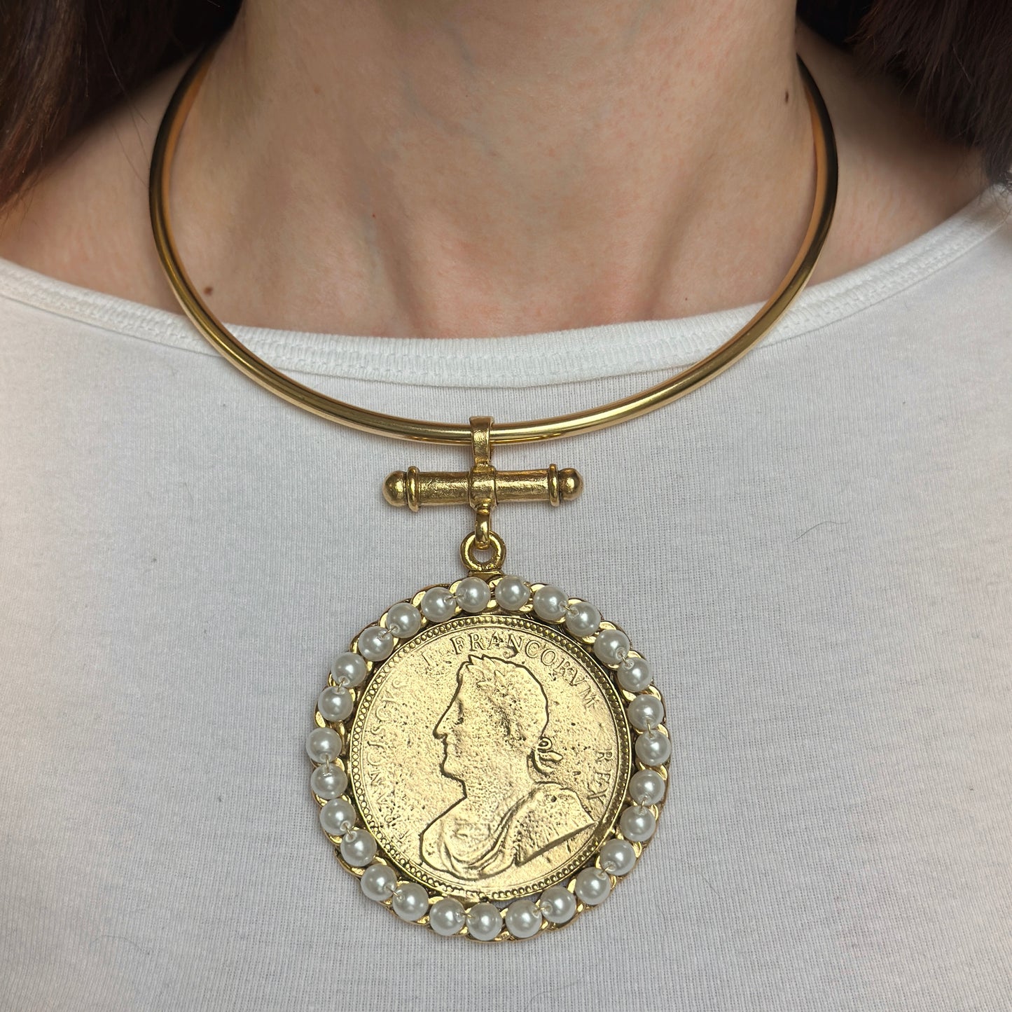 Yellow Gold-Plated Brass Faux Coin with Faux Pearl Frame on a Hard Open Collar Necklace