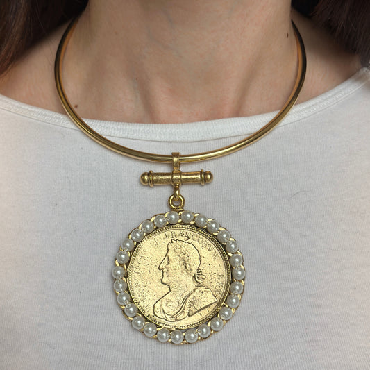 Yellow Gold-Plated Brass Faux Coin with Faux Pearl Frame on a Hard Open Collar Necklace
