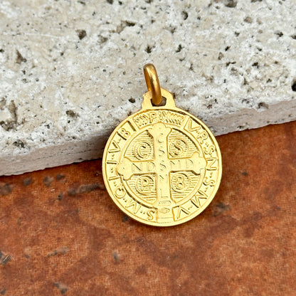 14KT Yellow Gold Solid St Benedict Round Medal Pendant Charm Reversible 18mm