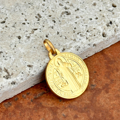 14KT Yellow Gold Solid St Benedict Round Medal Pendant Charm Reversible 18mm