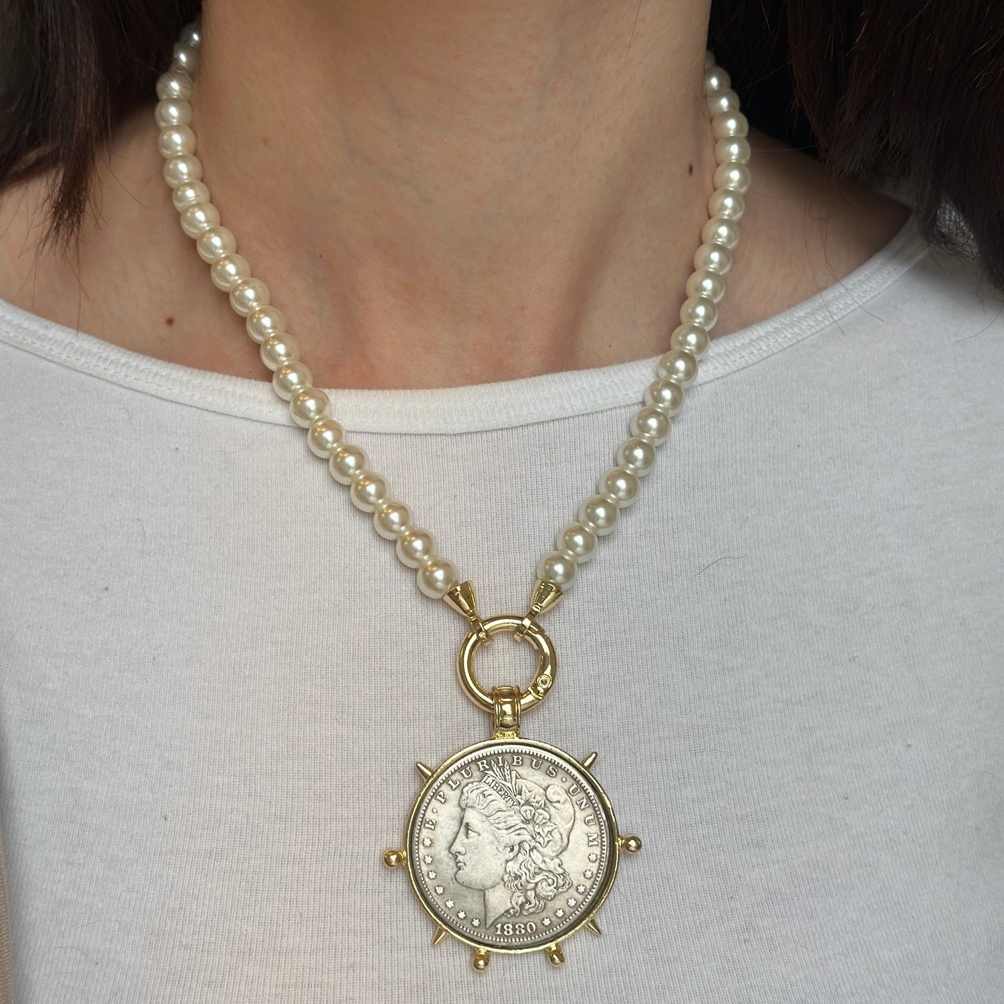 Estate Gold-Plated Silver Lady Liberty One Dollar Coin Bezel on Faux Pearl Necklace