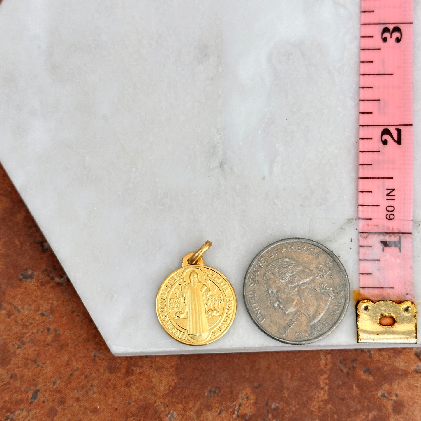 14KT Yellow Gold Solid St Benedict Round Medal Pendant Charm Reversible 18mm