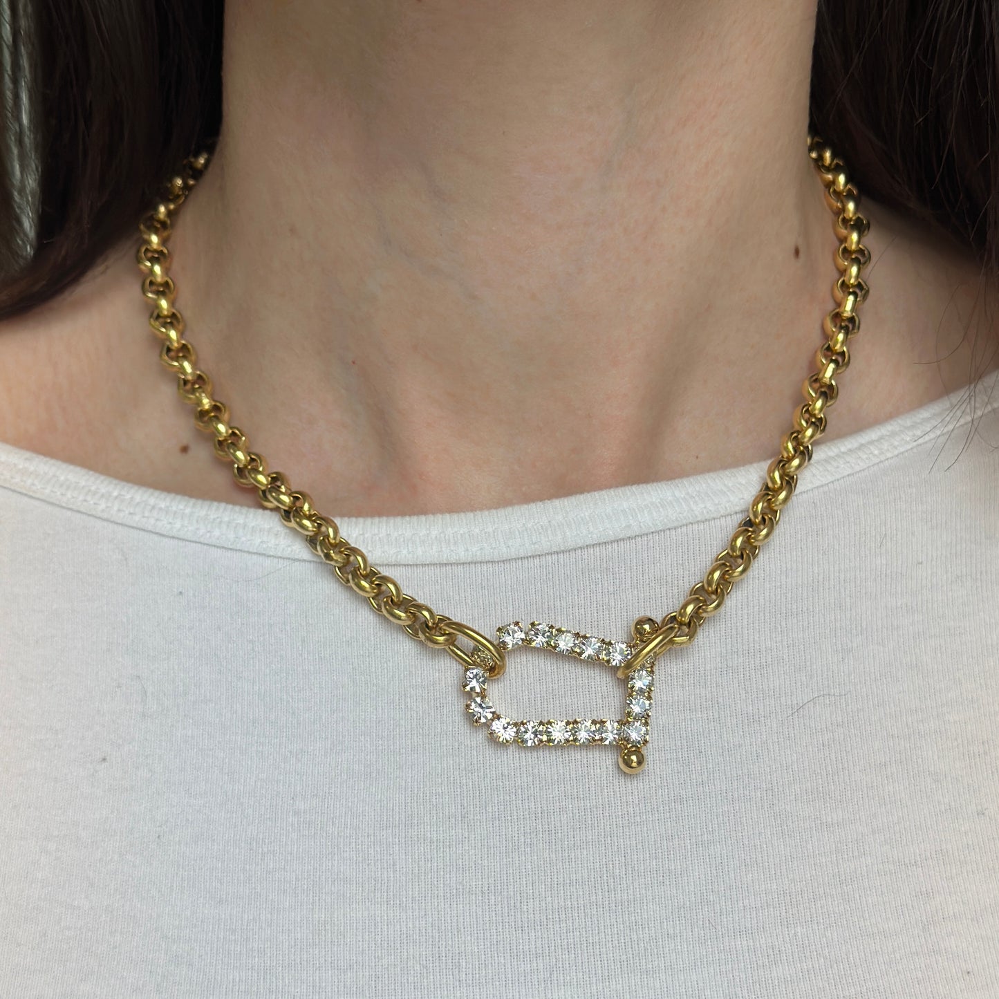 Yellow Gold-Plated Brass Crystal Horseshoe Sideways Pendant Necklace