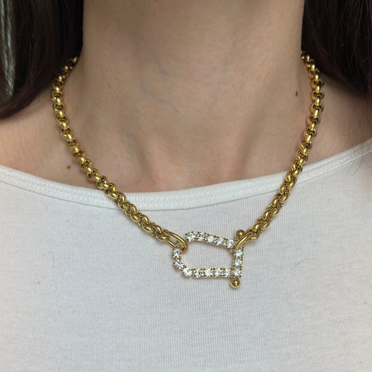 Yellow Gold-Plated Brass Crystal Horseshoe Sideways Pendant Necklace