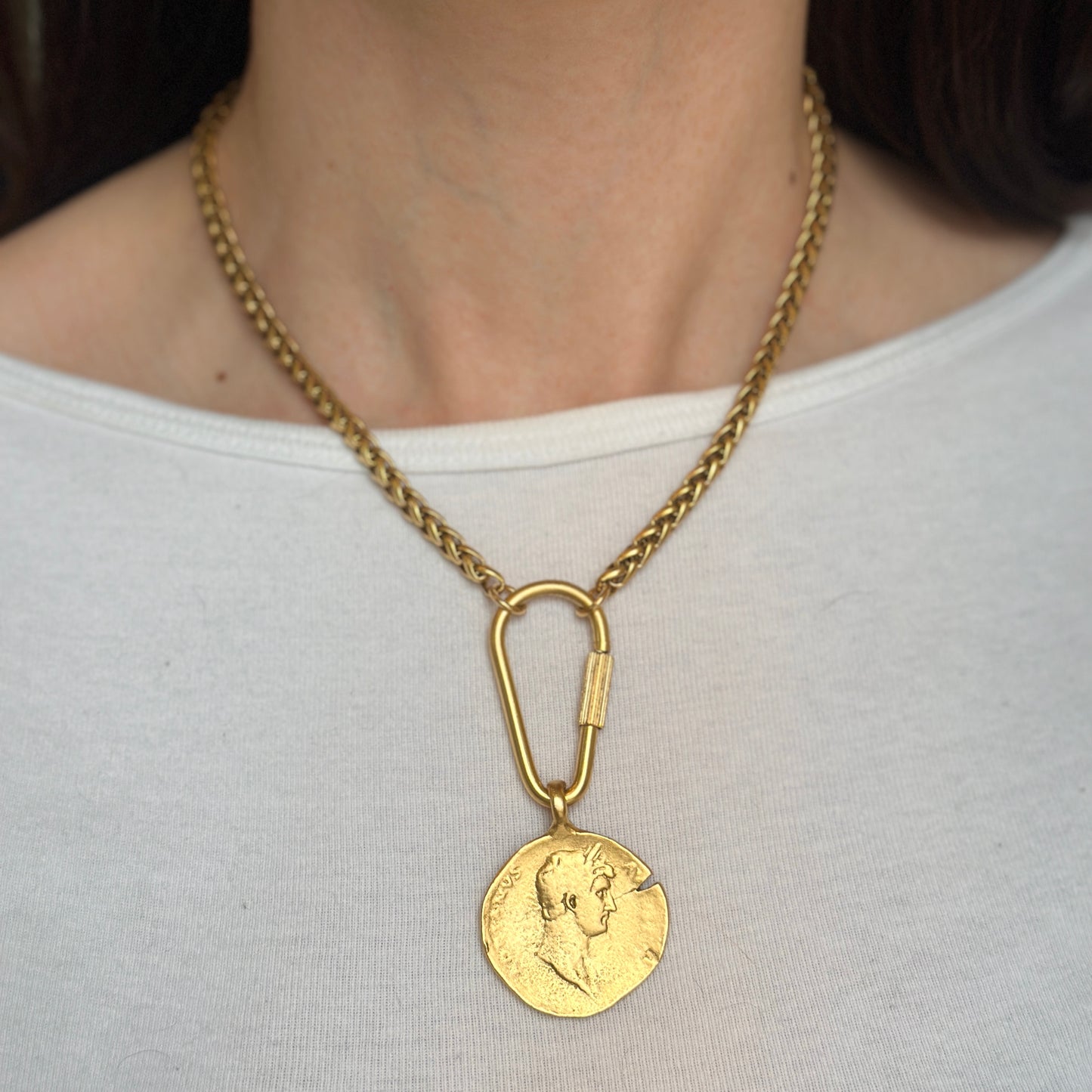 Gold-Plated Brass Faux Coin + Carabiner Chain Necklace