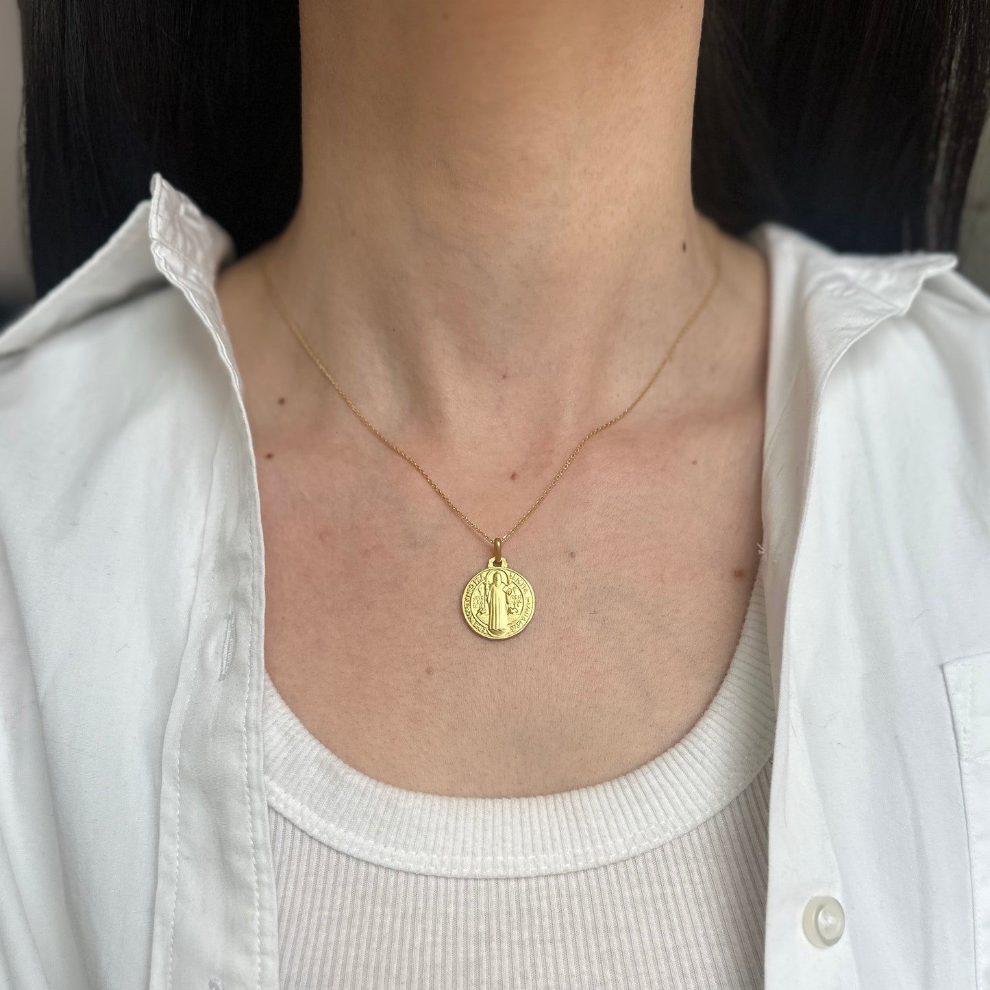 14KT Yellow Gold Solid St Benedict Round Medal Pendant Charm Reversible 18mm