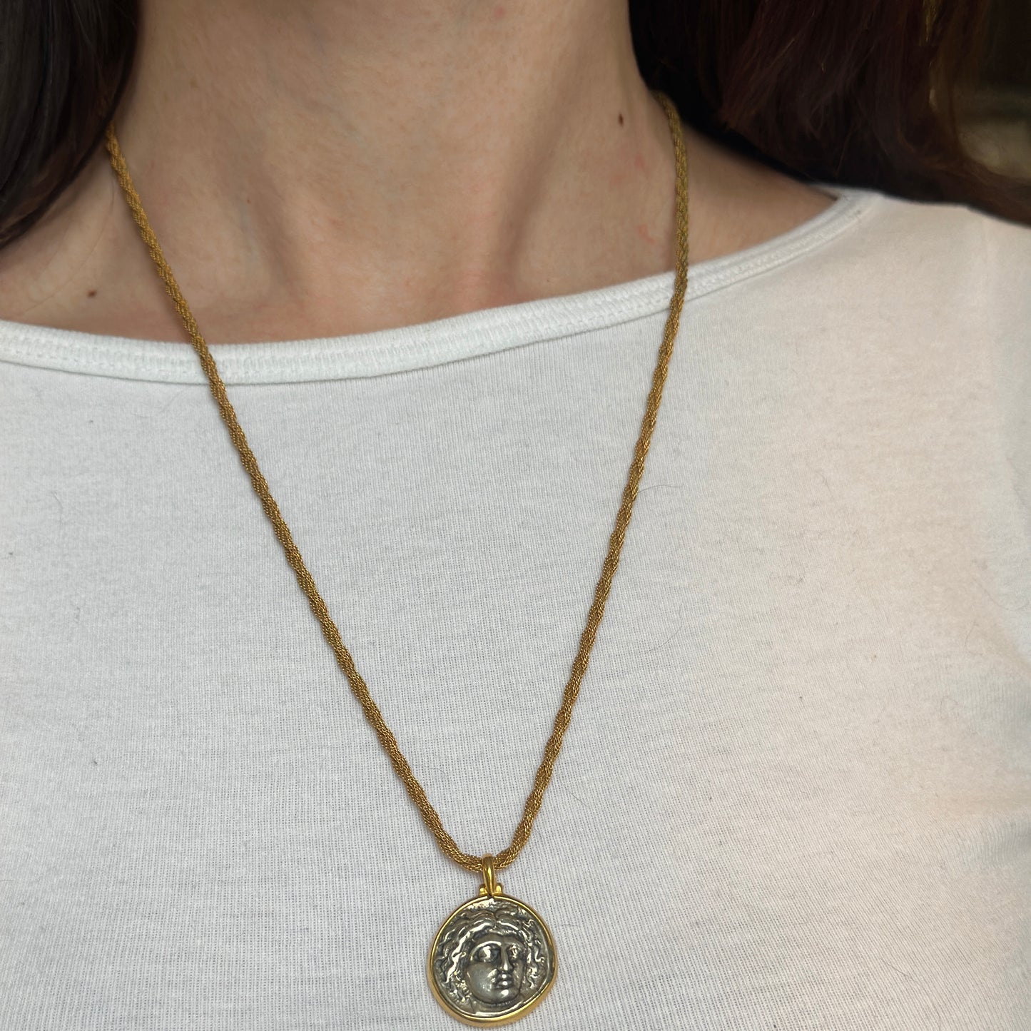 Estate Gold-Tone Medusa Coin Replica Pendant on Gold Filled Necklace