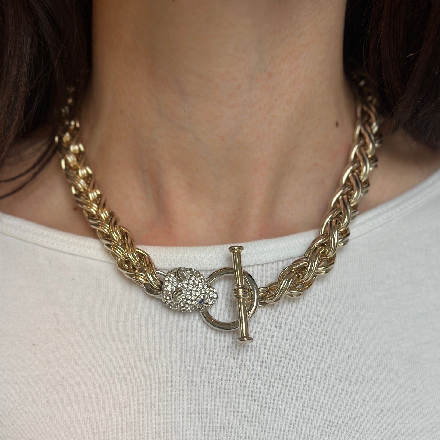 Estate Gold-Tone Pave Panther Head + Toggle Wheat Necklace