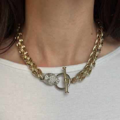 Estate Gold-Tone Pave Panther Head + Toggle Wheat Necklace