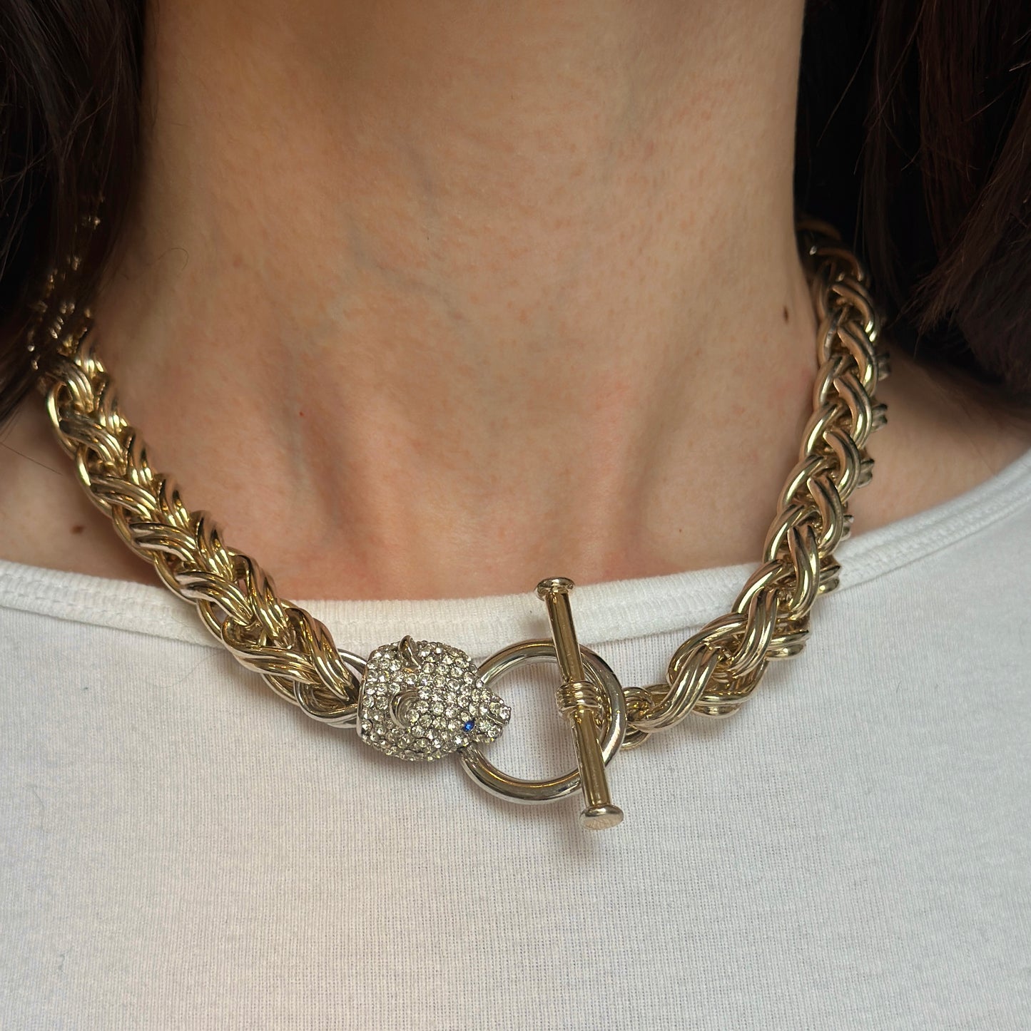 Estate Gold-Tone Pave Panther Head + Toggle Wheat Necklace