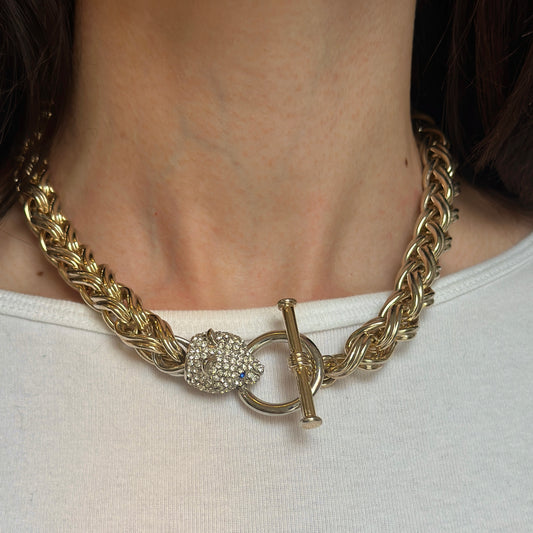 Estate Gold-Tone Pave Panther Head + Toggle Wheat Necklace