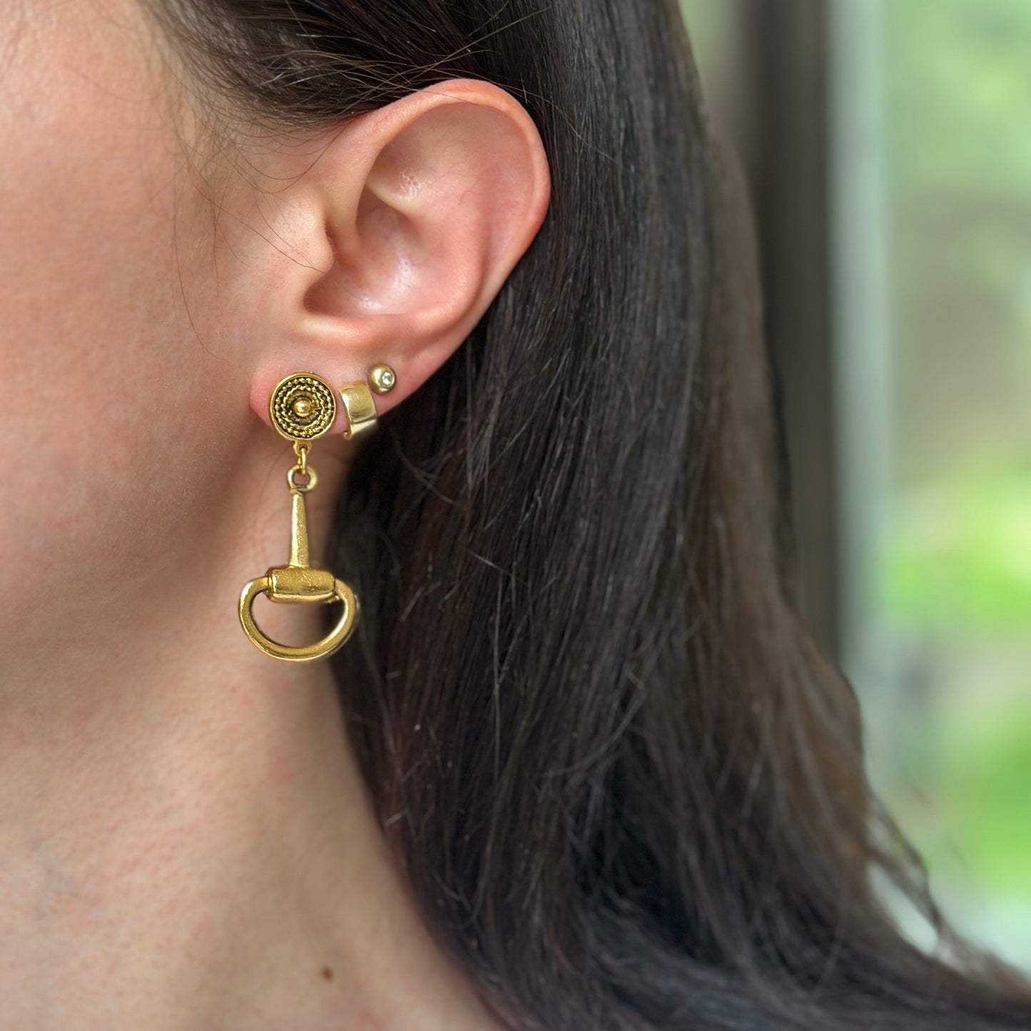 Brass Horse Bit Post Drop Earrings
