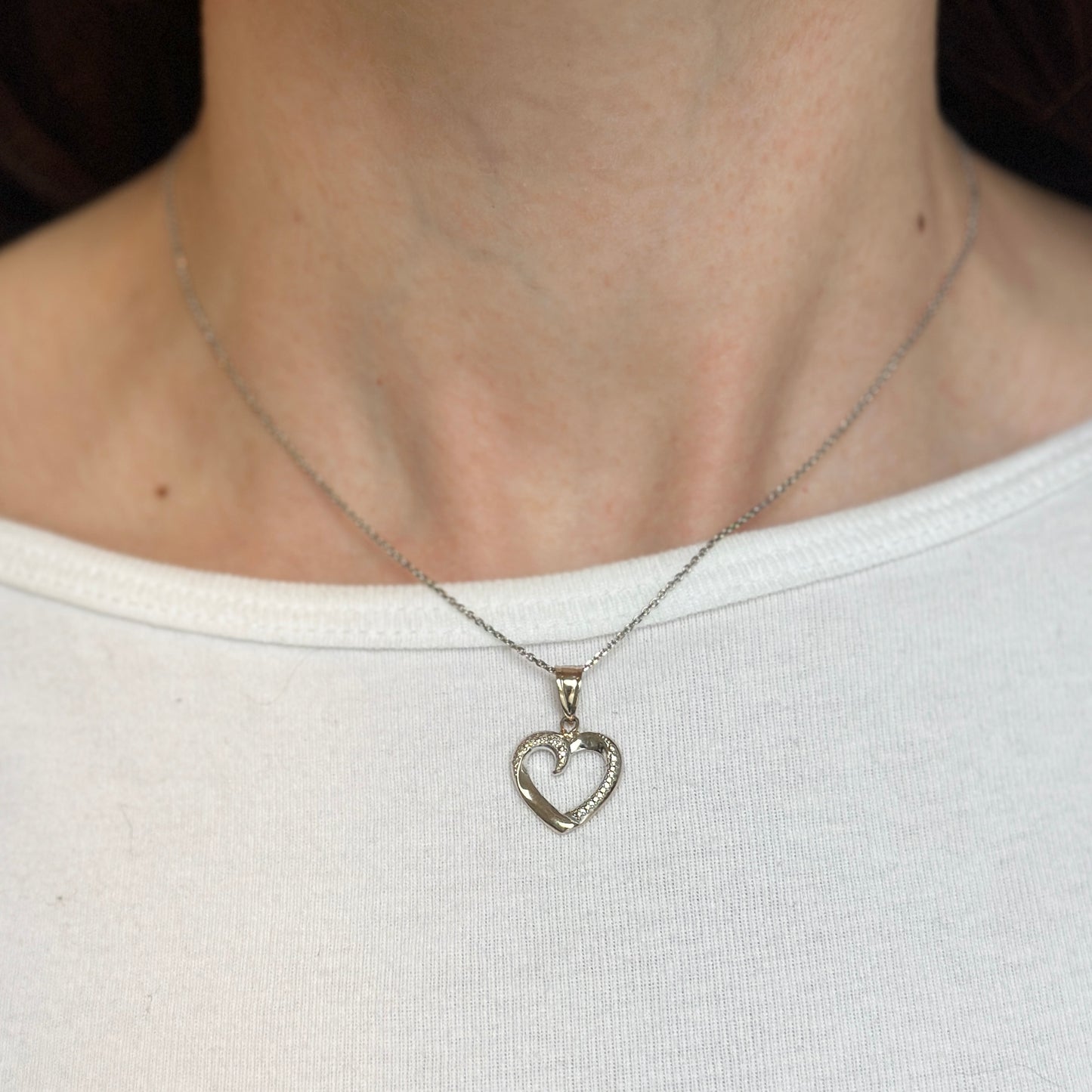 14KT White Gold Textured Open Heart Pendant Charm
