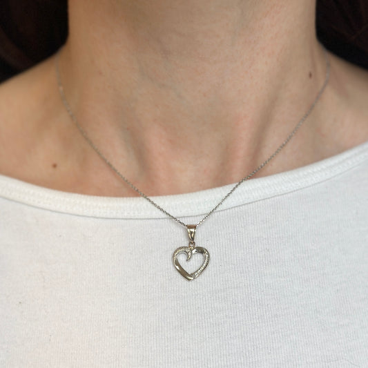 14KT White Gold Textured Open Heart Pendant Charm - LSJ