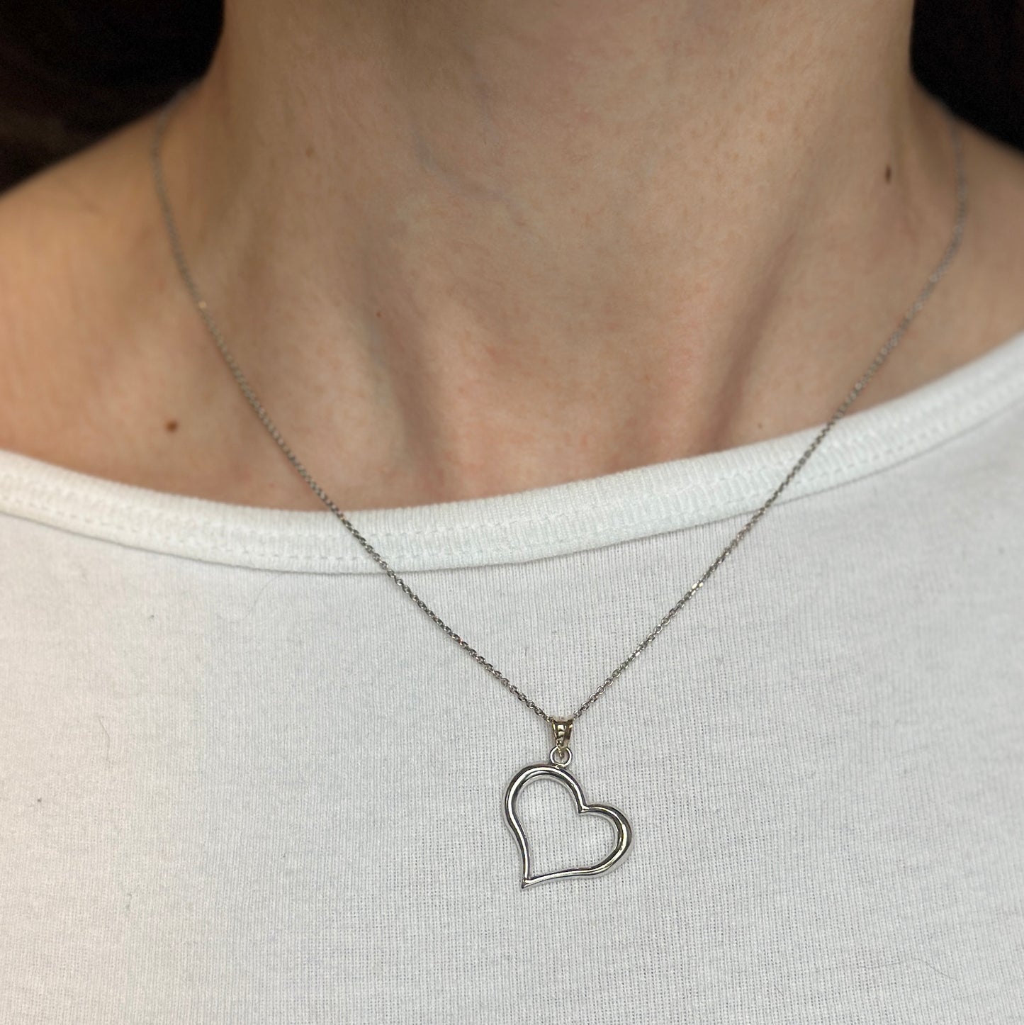 Estate 14K White Gold Concave Tilted Open Heart Pendant Slide