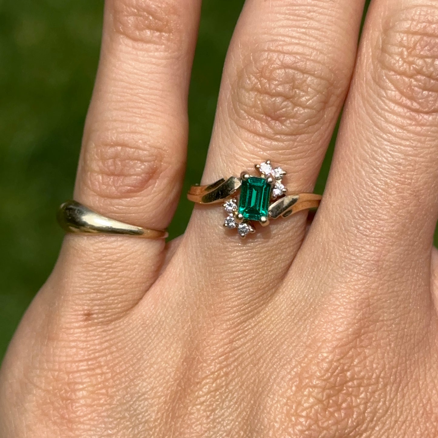 Estate 10KT Yellow Gold Lab Emerald  + Diamond Accent Ring