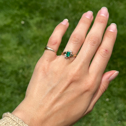 Estate 10KT Yellow Gold Lab Emerald  + Diamond Accent Ring