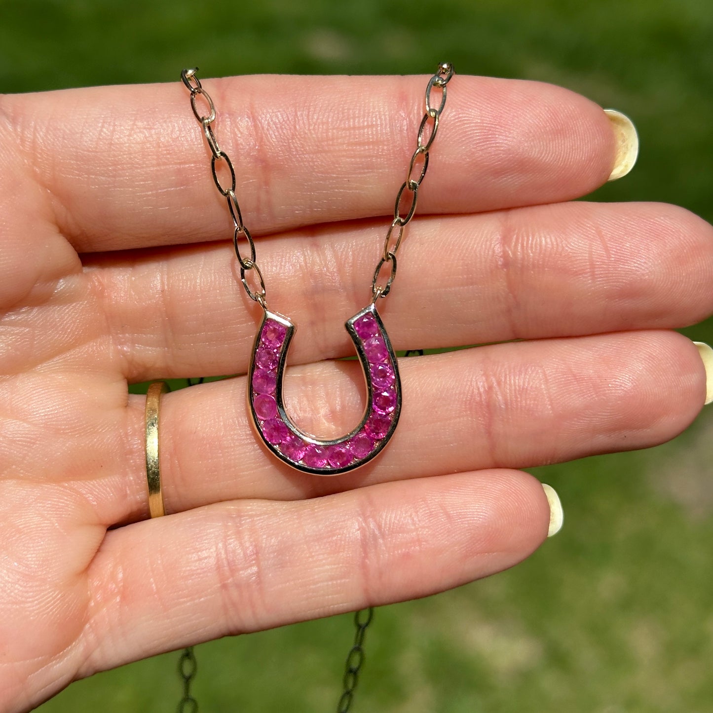 14KT Yellow Gold Ruby Horseshoe Chain Necklace 18" - LSJ