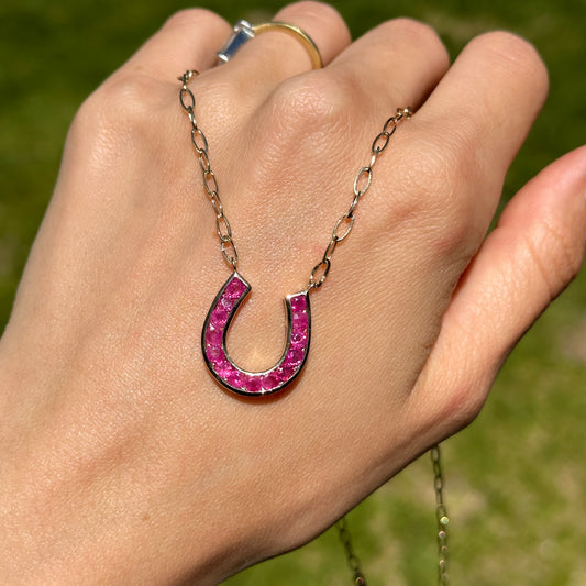 14KT Yellow Gold Ruby Horseshoe Chain Necklace 18" - LSJ