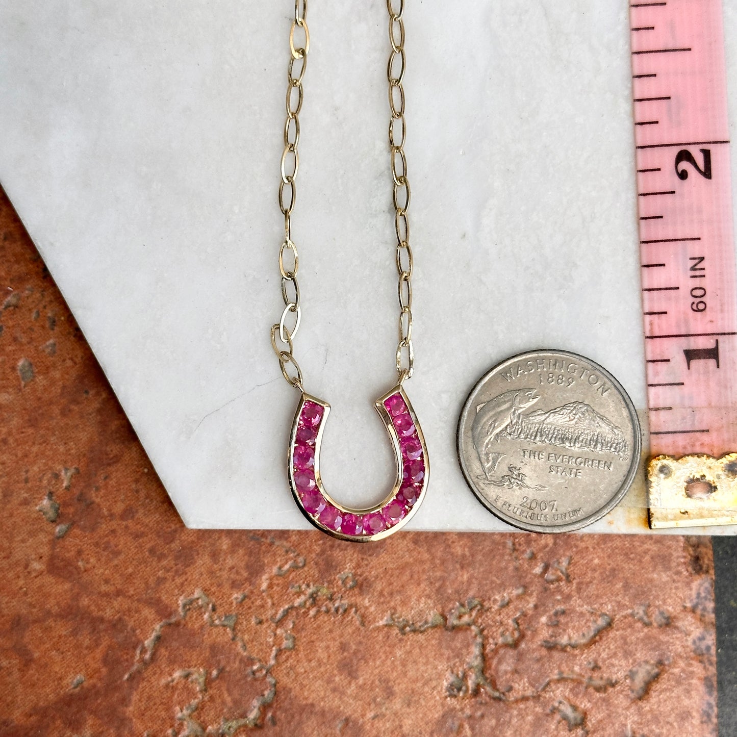 14KT Yellow Gold Ruby Horseshoe Chain Necklace 18" - LSJ