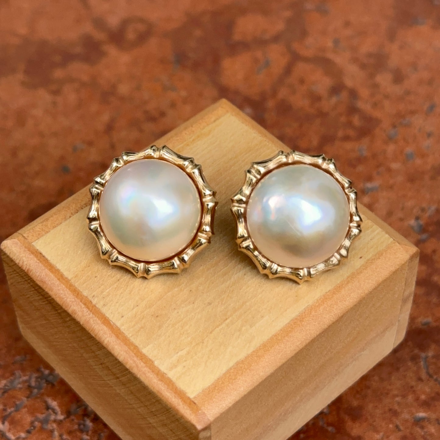 Vintage 14KT Yellow Gold White Mabe Pearl Bamboo Omega Back Earrings