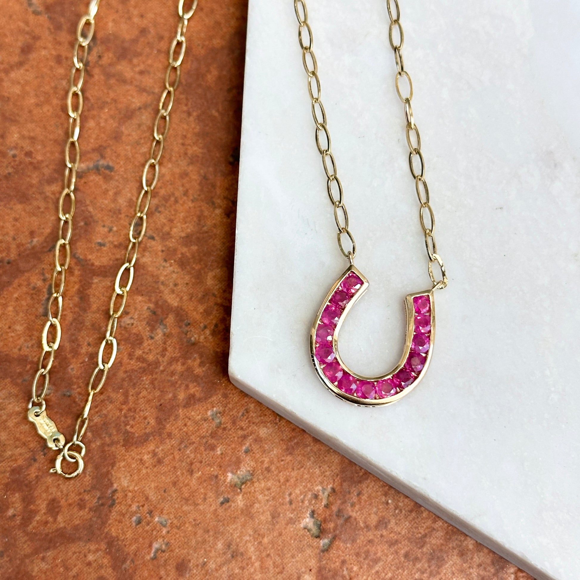 14KT Yellow Gold Ruby Horseshoe Chain Necklace 18" - LSJ