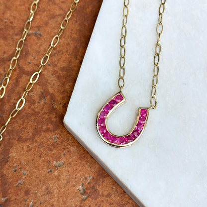 14KT Yellow Gold Ruby Horseshoe Chain Necklace 18" - LSJ