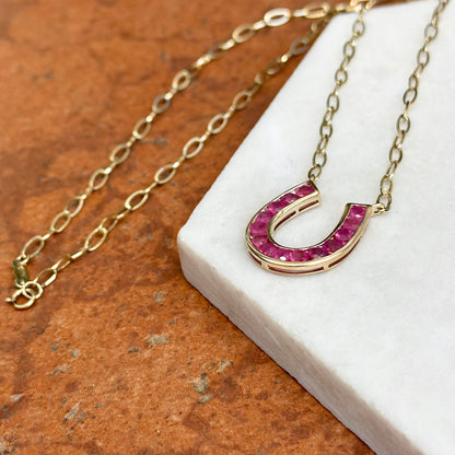 14KT Yellow Gold Ruby Horseshoe Chain Necklace 18" - LSJ