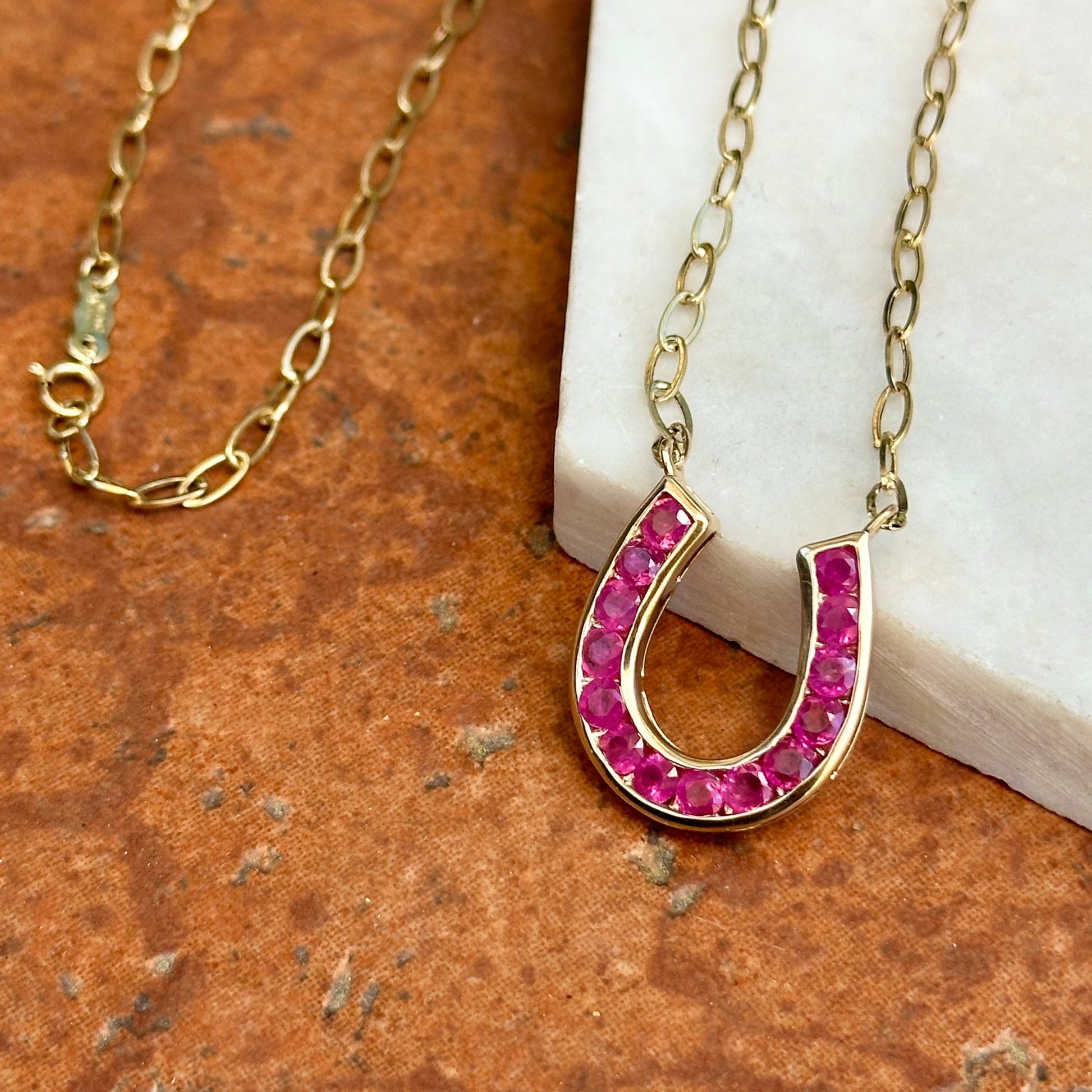 14KT Yellow Gold Ruby Horseshoe Chain Necklace 18" - LSJ