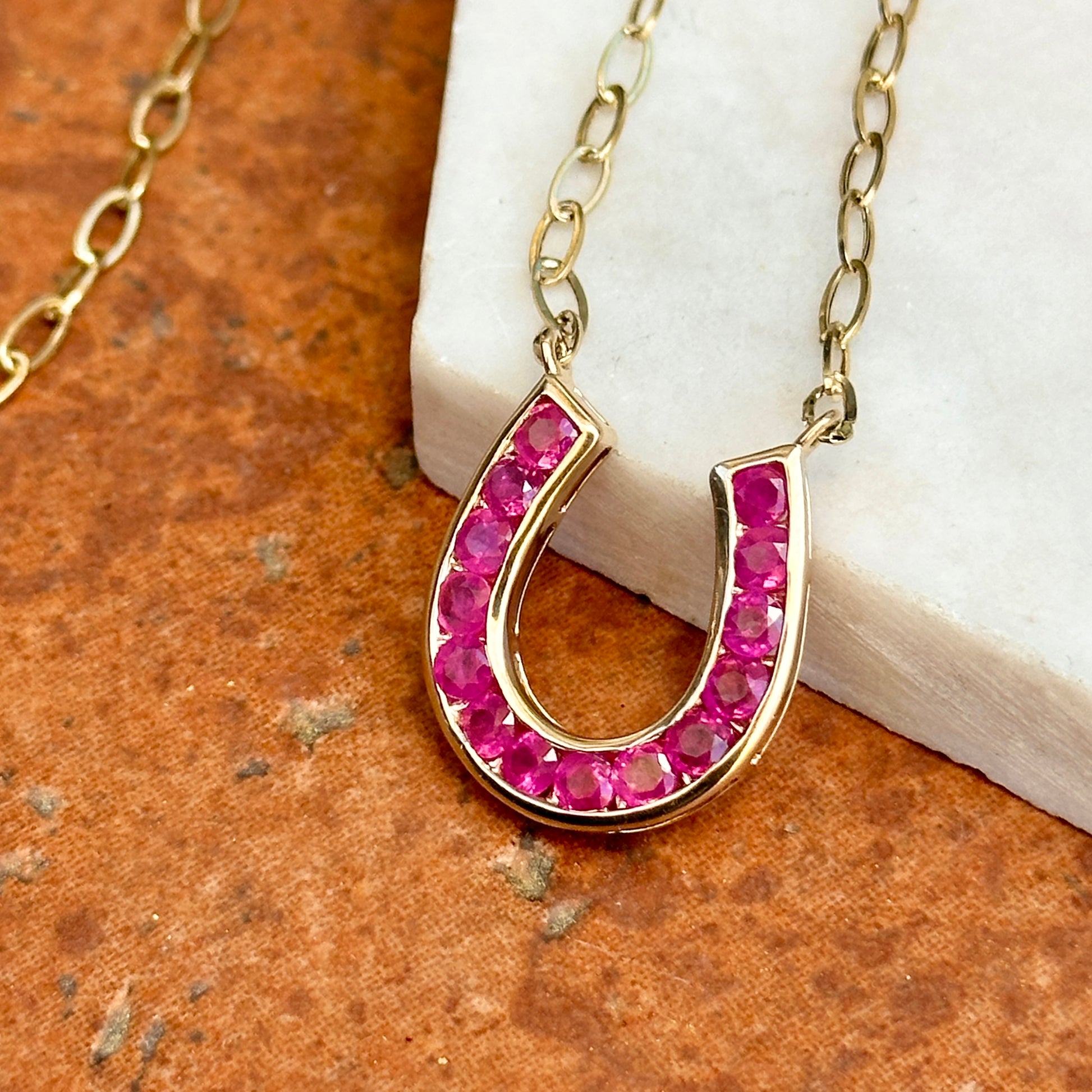 14KT Yellow Gold Ruby Horseshoe Chain Necklace 18" - LSJ