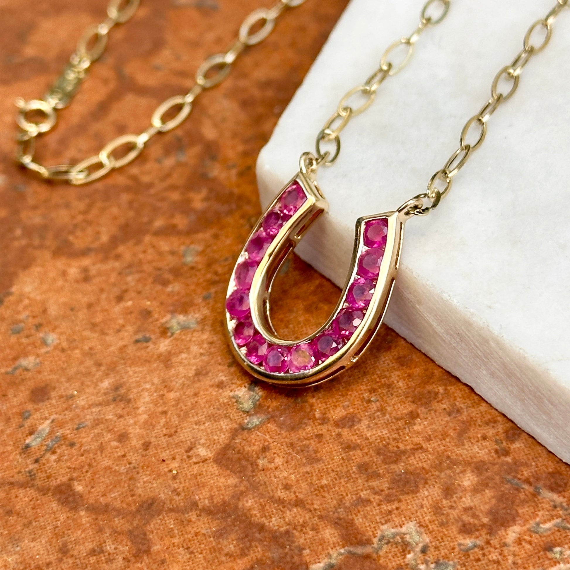 14KT Yellow Gold Ruby Horseshoe Chain Necklace 18" - LSJ