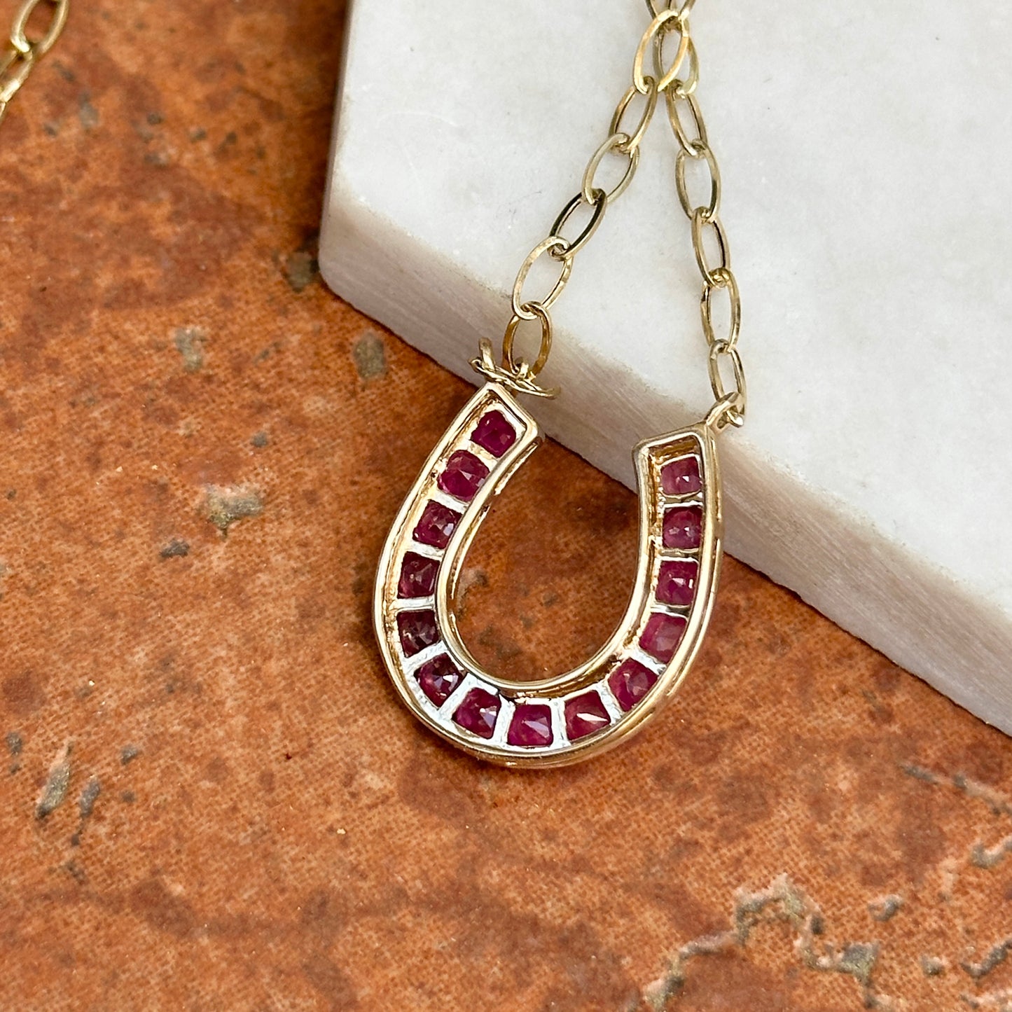 14KT Yellow Gold Ruby Horseshoe Chain Necklace 18" - LSJ