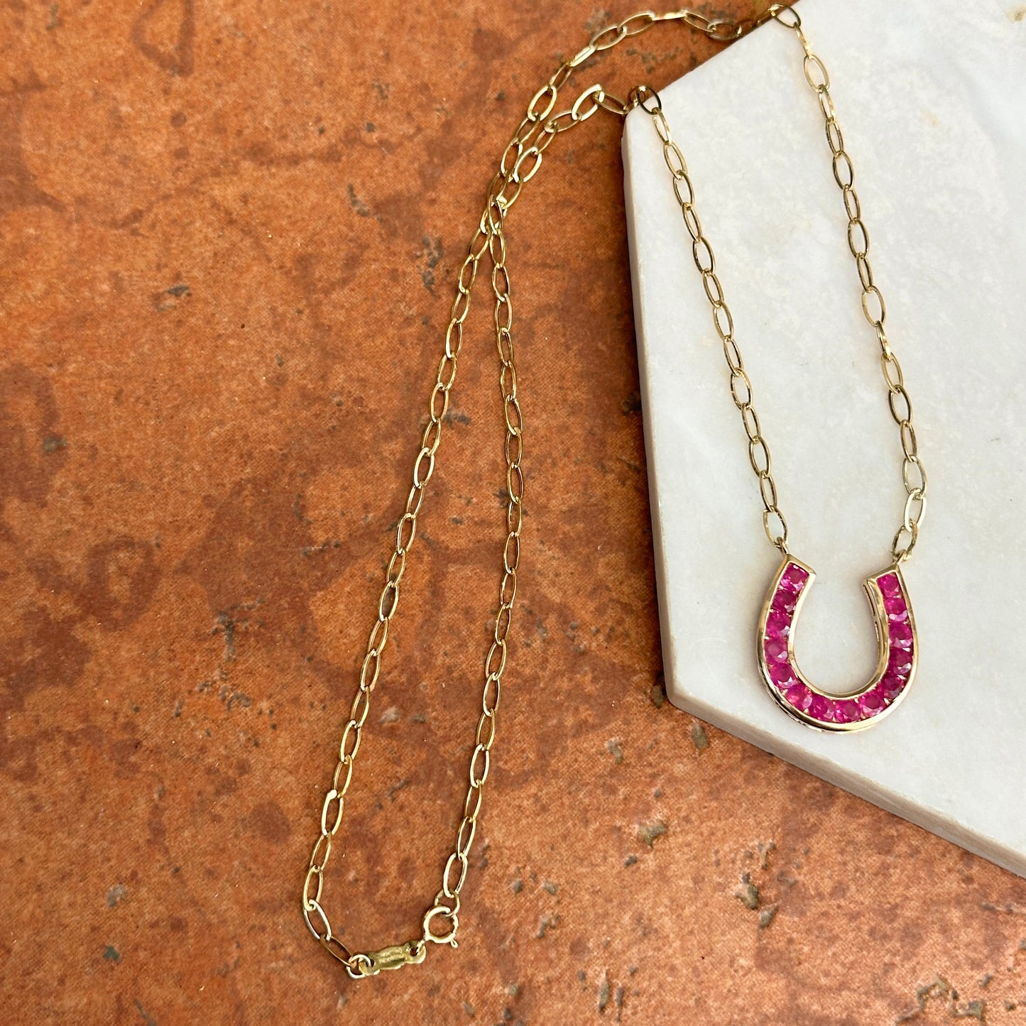 14KT Yellow Gold Ruby Horseshoe Chain Necklace 18" - LSJ