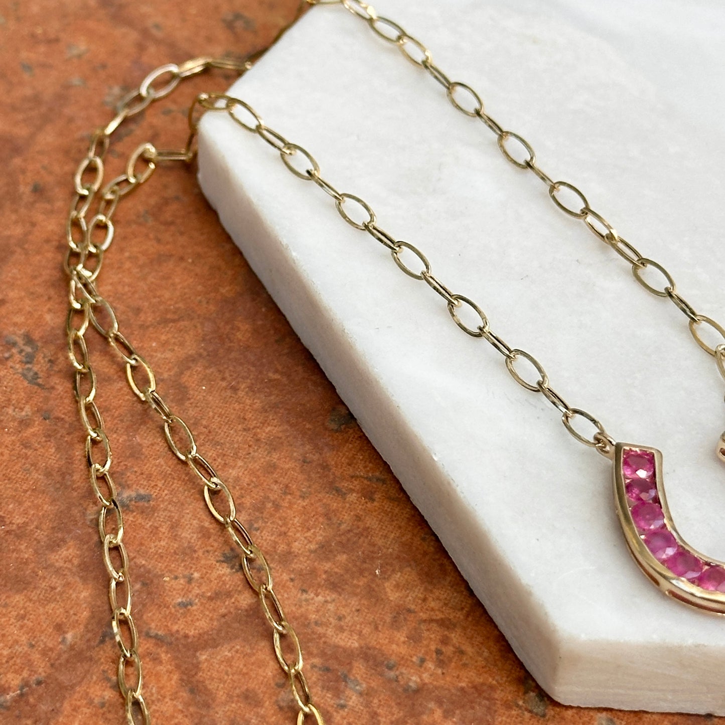 14KT Yellow Gold Ruby Horseshoe Chain Necklace 18" - LSJ
