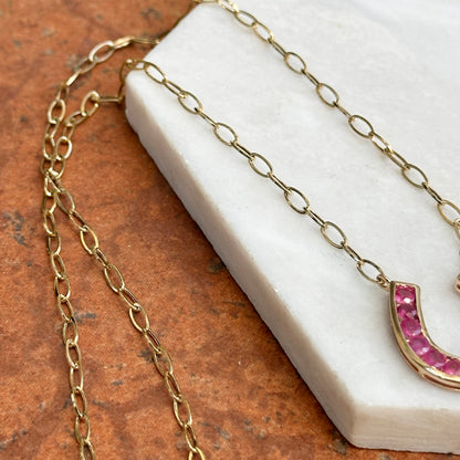 14KT Yellow Gold Ruby Horseshoe Chain Necklace 18" - LSJ