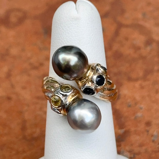 Estate Byzantine 14KT Yellow Gold Tahitian Pearl + Sapphire Bypass Ring