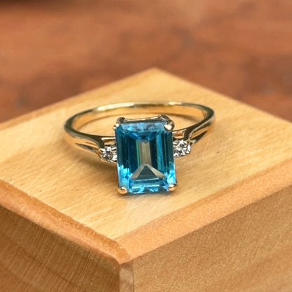 Estate 14KT Yellow Gold Emerald-Cut Blue Topaz + Diamond Accent Ring