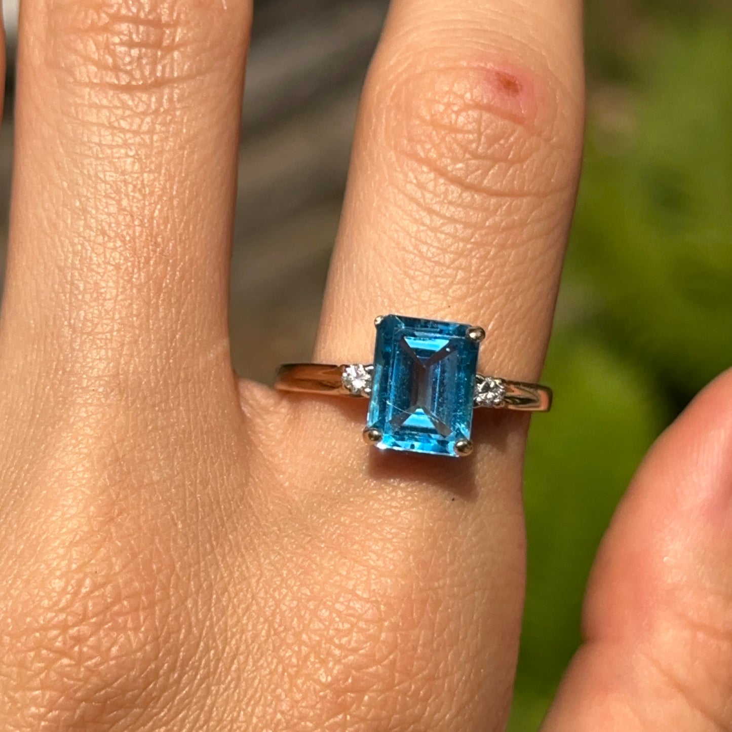 Estate 14KT Yellow Gold Emerald-Cut Blue Topaz + Diamond Accent Ring